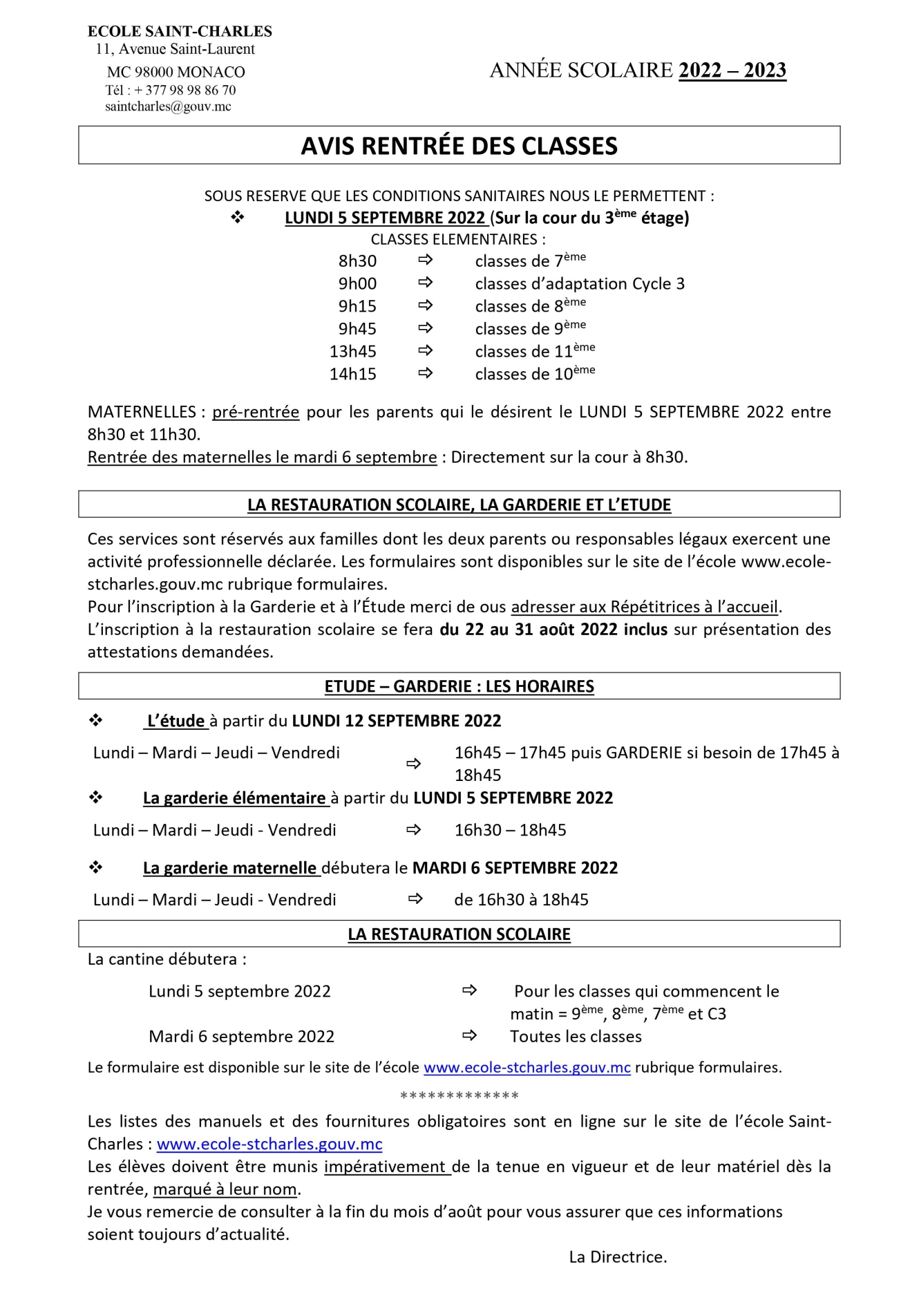 AVIS RENTREE DES CLASSES 2022-2023
